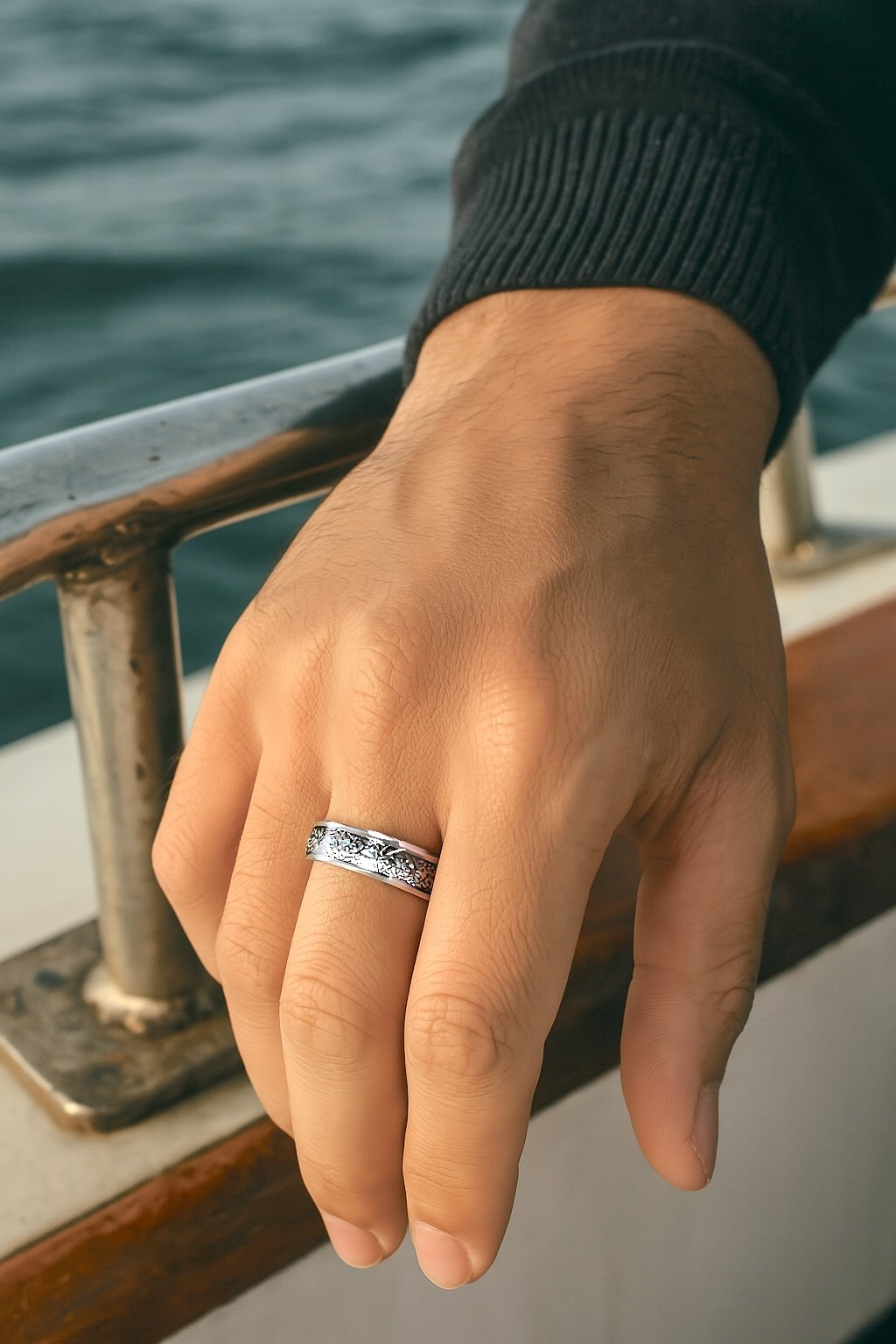 Customizable titanium wedding ring with turquoise inlay